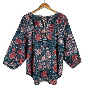 Sohana Boutique NWT Boho Frayed Top Blue Floral Blouse India Cotton Womens Large